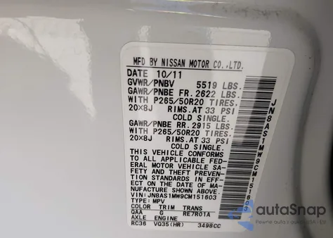 2012 Infiniti Fx35 z USA, uszkodzony, nr VIN JN8AS1MW9CM151603